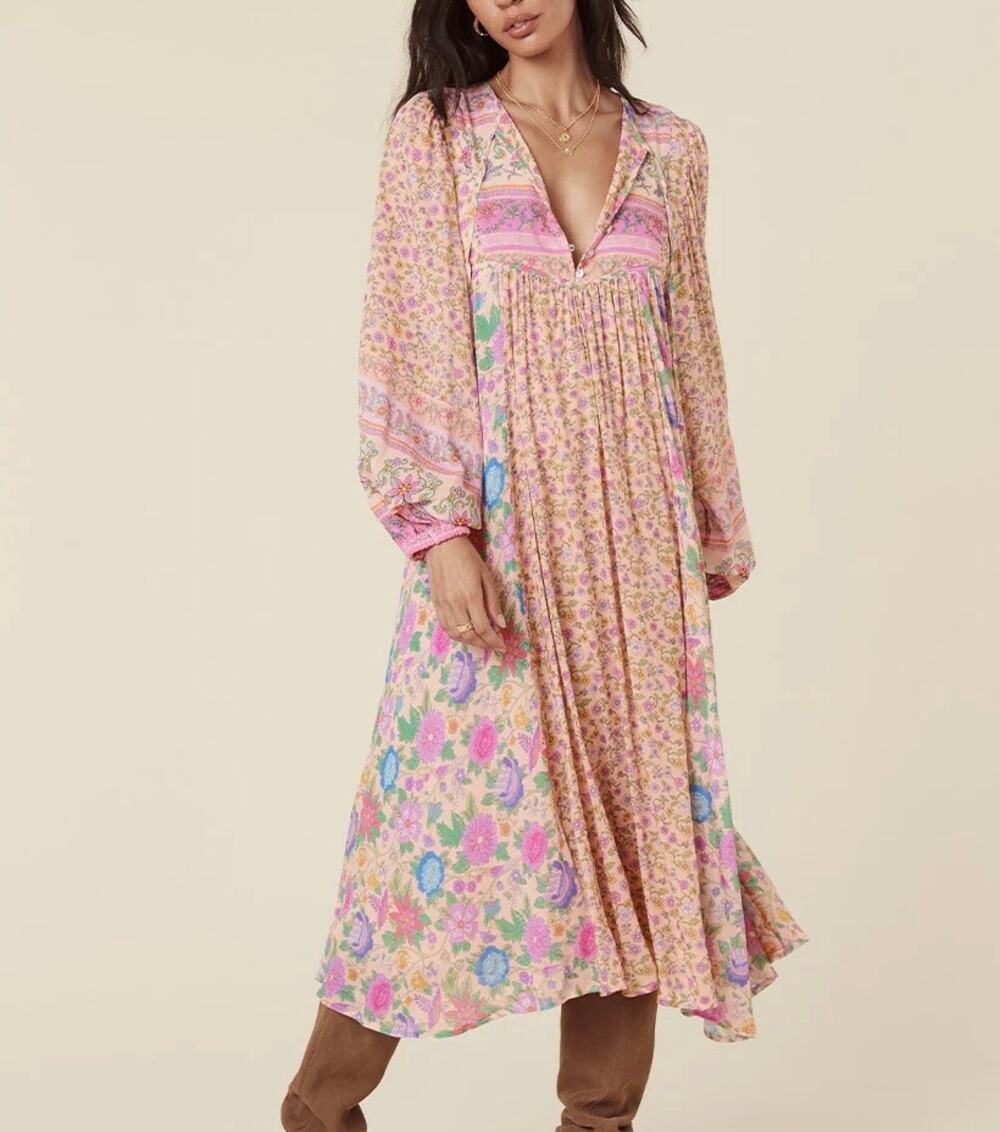 SPELL Mossy Patchwork Boho Midi Dress Spring Garden Pink Floral XS